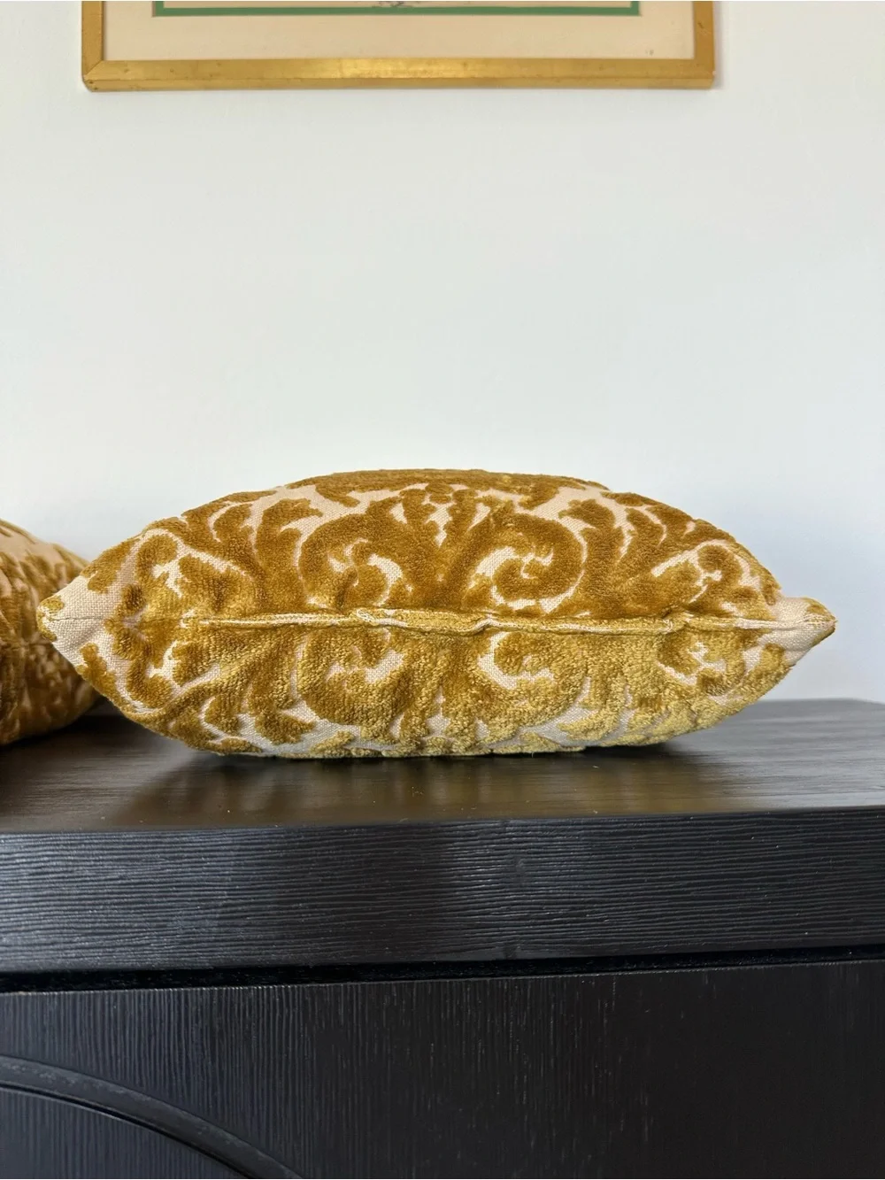 Pair of Vintage Gold Damask Chenille Velvet Decorative Pillows